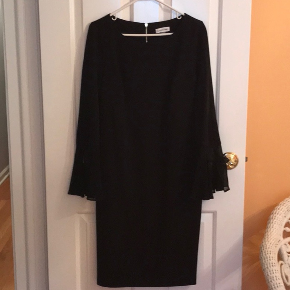 Calvin Klein Black Sheath Dress with Ruffled Bell Sleeves